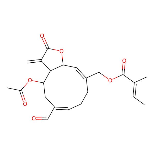 2D Structure of (4-Acetyloxy-6-formyl-3-methylidene-2-oxo-3a,4,5,8,9,11a-hexahydrocyclodeca[b]furan-10-yl)methyl 2-methylbut-2-enoate