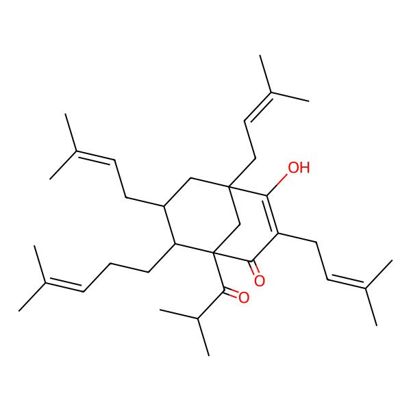 2D Structure of (1R,5R,7S,8R)-4-hydroxy-3,5,7-tris(3-methylbut-2-enyl)-8-(4-methylpent-3-enyl)-1-(2-methylpropanoyl)bicyclo[3.3.1]non-3-en-2-one