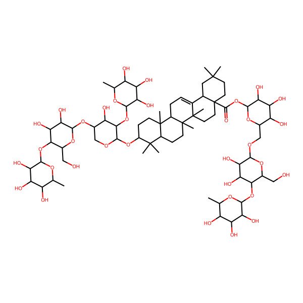 2D Structure of [(2S,3R,4S,5S,6R)-6-[[(2R,3R,4R,5S,6R)-3,4-dihydroxy-6-(hydroxymethyl)-5-[(2S,3R,4R,5R,6S)-3,4,5-trihydroxy-6-methyloxan-2-yl]oxyoxan-2-yl]oxymethyl]-3,4,5-trihydroxyoxan-2-yl] (4aS,6aR,6aS,6bR,8aR,10S,12aR,14bS)-10-[(2S,3R,4S,5S)-5-[(2R,3R,4R,5S,6R)-3,4-dihydroxy-6-(hydroxymethyl)-5-[(2S,3R,4R,5R,6S)-3,4,5-trihydroxy-6-methyloxan-2-yl]oxyoxan-2-yl]oxy-4-hydroxy-3-[(2S,3R,4R,5R,6S)-3,4,5-trihydroxy-6-methyloxan-2-yl]oxyoxan-2-yl]oxy-2,2,6a,6b,9,9,12a-heptamethyl-1,3,4,5,6,6a,7,8,8a,10,11,12,13,14b-tetradecahydropicene-4a-carboxylate