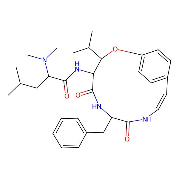 2D Structure of N-[(10Z)-7-benzyl-5,8-dioxo-3-propan-2-yl-2-oxa-6,9-diazabicyclo[10.2.2]hexadeca-1(14),10,12,15-tetraen-4-yl]-2-(dimethylamino)-4-methylpentanamide