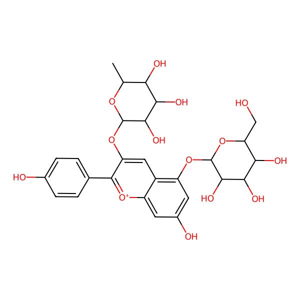 2D Structure of (2S,3S,4R,5R,6S)-2-[7-hydroxy-2-(4-hydroxyphenyl)-5-[(2S,3R,4S,5S,6S)-3,4,5-trihydroxy-6-(hydroxymethyl)oxan-2-yl]oxychromenylium-3-yl]oxy-6-methyloxane-3,4,5-triol