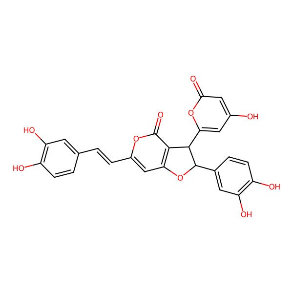 2D Structure of 2-(3,4-Dihydroxyphenyl)-6-[2-(3,4-dihydroxyphenyl)vinyl]-2,3-dihydro-3-(4-hydroxy-2-oxo-2H-pyran-6-YL)-4H-furo[3,2-C]pyran-4-one