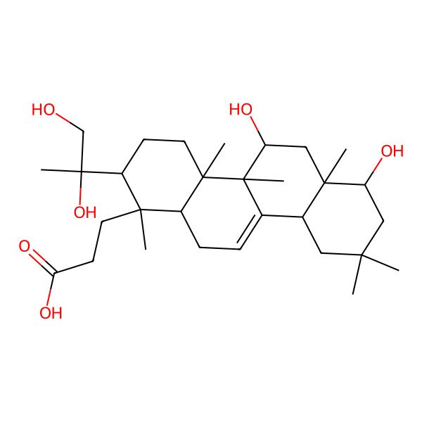 2D Structure of 3-[(1R,2R,4aR,4bS,5S,6aR,7S,10aR,12aR)-2-[(2R)-1,2-dihydroxypropan-2-yl]-5,7-dihydroxy-1,4a,4b,6a,9,9-hexamethyl-3,4,5,6,7,8,10,10a,12,12a-decahydro-2H-chrysen-1-yl]propanoic acid