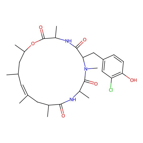 2D Structure of (3S,6R,9S,12S,14E,16R,18S)-6-[(3-chloro-4-hydroxyphenyl)methyl]-3,7,9,12,14,16,18-heptamethyl-1-oxa-4,7,10-triazacyclooctadec-14-ene-2,5,8,11-tetrone
