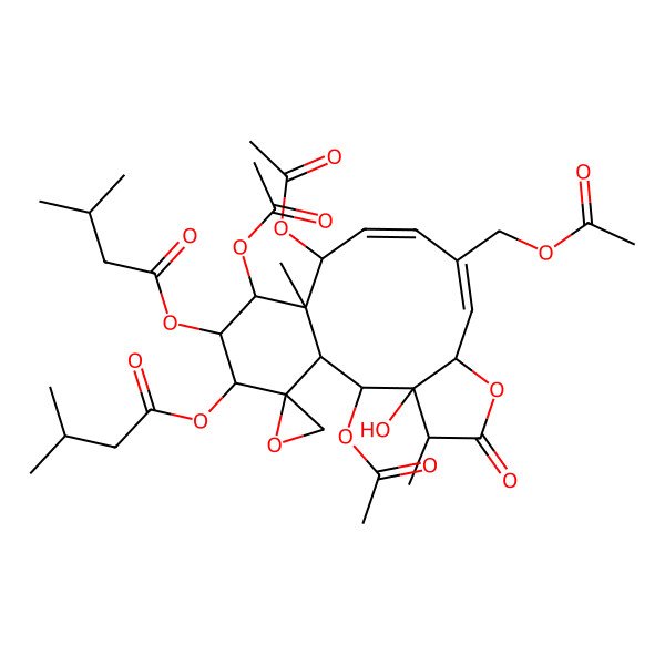 2D Structure of [2,12,14-Triacetyloxy-9-(acetyloxymethyl)-3-hydroxy-4,13-dimethyl-16-(3-methylbutanoyloxy)-5-oxospiro[6-oxatricyclo[11.4.0.03,7]heptadeca-8,10-diene-17,2'-oxirane]-15-yl] 3-methylbutanoate