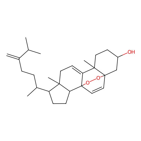 2D Structure of (1S,2R,5R,6R,10R,13S,15S)-6,10-dimethyl-5-[(2R)-6-methyl-5-methylideneheptan-2-yl]-16,17-dioxapentacyclo[13.2.2.01,9.02,6.010,15]nonadeca-8,18-dien-13-ol
