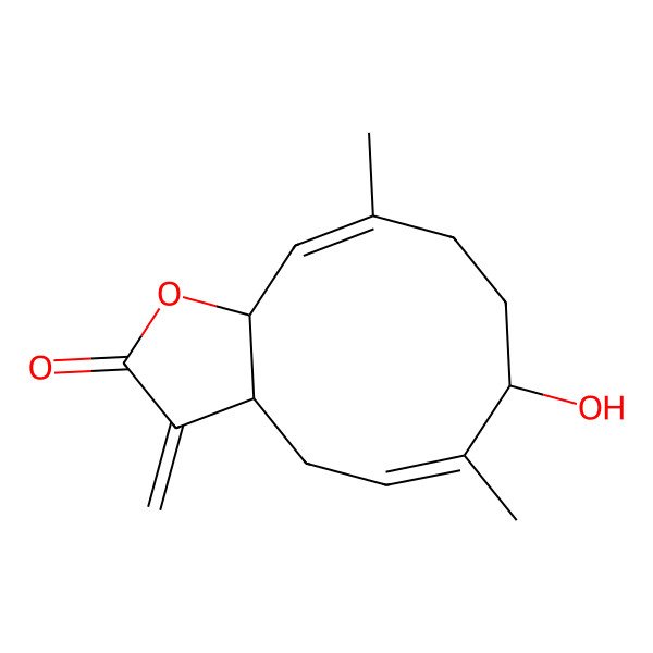2D Structure of (3aS,5E,7R,10E,11aS)-7-hydroxy-6,10-dimethyl-3-methylidene-3a,4,7,8,9,11a-hexahydrocyclodeca[b]furan-2-one