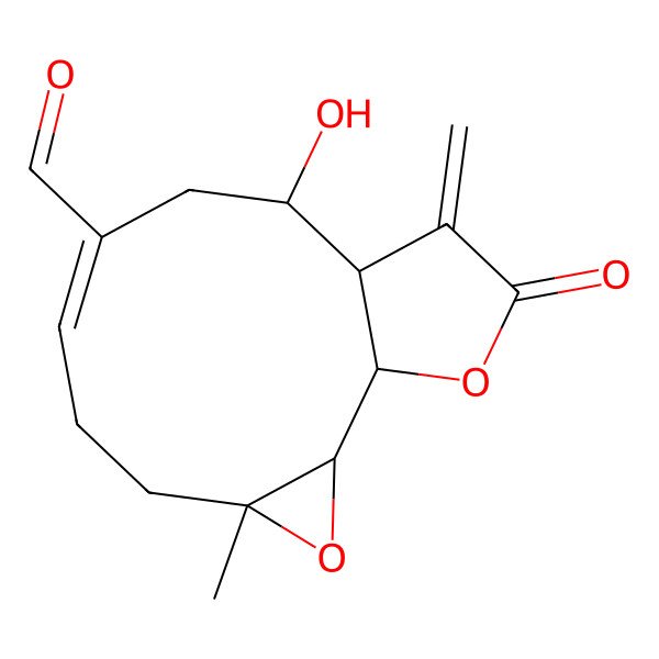 2D Structure of 10-Hydroxy-4-methyl-12-methylidene-13-oxo-3,14-dioxatricyclo[9.3.0.02,4]tetradec-7-ene-8-carbaldehyde
