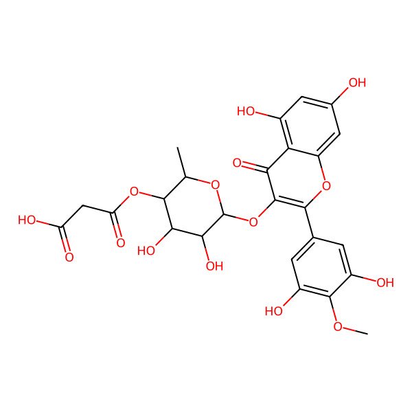 2D Structure of 3-[6-[2-(3,5-Dihydroxy-4-methoxyphenyl)-5,7-dihydroxy-4-oxochromen-3-yl]oxy-4,5-dihydroxy-2-methyloxan-3-yl]oxy-3-oxopropanoic acid