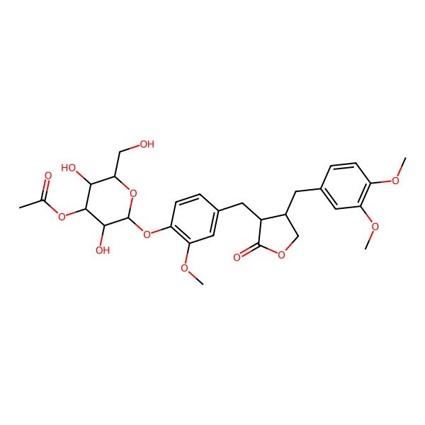 2D Structure of [(2S,3R,4S,5R,6R)-2-[4-[[(3R,4R)-4-[(3,4-dimethoxyphenyl)methyl]-2-oxooxolan-3-yl]methyl]-2-methoxyphenoxy]-3,5-dihydroxy-6-(hydroxymethyl)oxan-4-yl] acetate