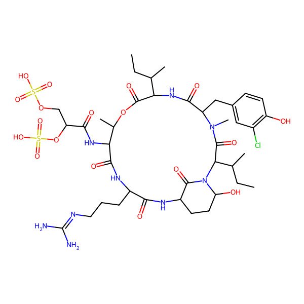 2D Structure of [1-[[2,8-Di(butan-2-yl)-5-[(3-chloro-4-hydroxyphenyl)methyl]-15-[3-(diaminomethylideneamino)propyl]-21-hydroxy-4,11-dimethyl-3,6,9,13,16,22-hexaoxo-10-oxa-1,4,7,14,17-pentazabicyclo[16.3.1]docosan-12-yl]amino]-1-oxo-3-sulfooxypropan-2-yl] hydrogen sulfate