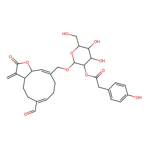 2D Structure of [(2R,3R,4S,5S,6S)-2-[[(3aS,6E,10E,11aS)-6-formyl-3-methylidene-2-oxo-3a,4,5,8,9,11a-hexahydrocyclodeca[b]furan-10-yl]methoxy]-4,5-dihydroxy-6-(hydroxymethyl)oxan-3-yl] 2-(4-hydroxyphenyl)acetate