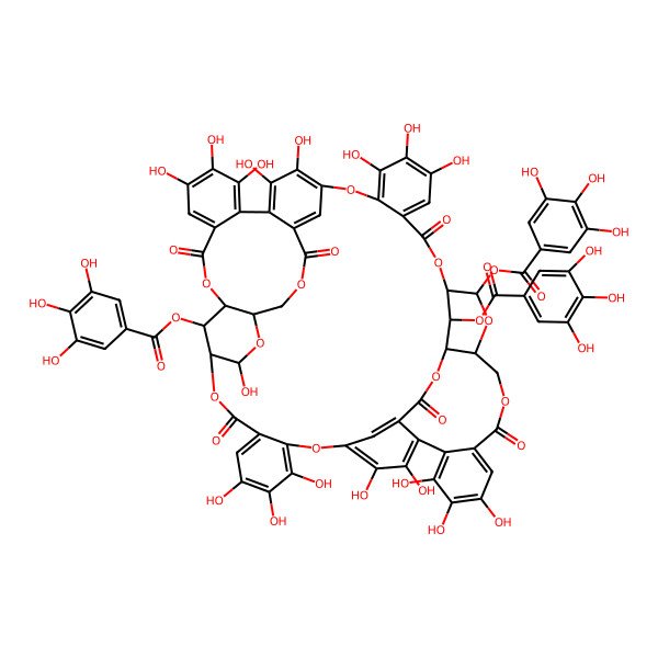 2D Structure of [4,5,6,12,20,21,22,25,26,30,31,32,46,47,48,51,52-Heptadecahydroxy-9,17,35,43,55,61-hexaoxo-38,58-bis[(3,4,5-trihydroxybenzoyl)oxy]-2,10,13,16,28,36,39,42,56,62-decaoxaundecacyclo[35.15.6.514,27.111,15.03,8.018,23.029,34.040,57.044,49.050,54.024,60]tetrahexaconta-1(52),3,5,7,18,20,22,24,26,29,31,33,44,46,48,50,53,59-octadecaen-64-yl] 3,4,5-trihydroxybenzoate