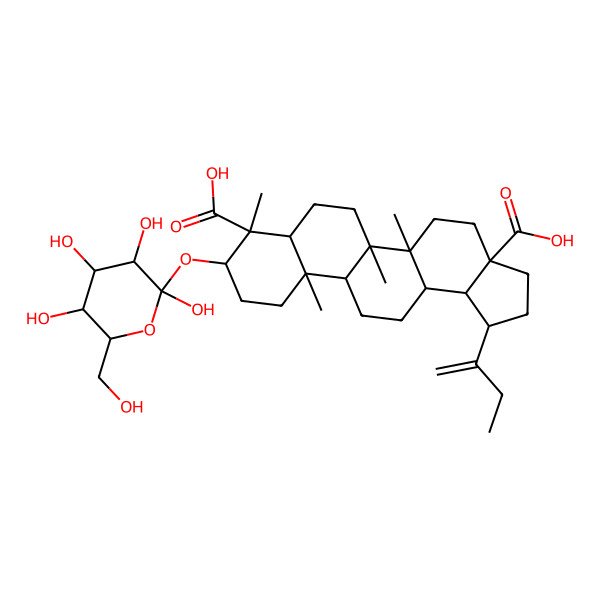 2D Structure of (1R,3aS,5aR,5bR,7aR,8S,9R,11aR,11bR,13aR,13bR)-1-but-1-en-2-yl-5a,5b,8,11a-tetramethyl-9-[(2S,3S,5S)-2,3,4,5-tetrahydroxy-6-(hydroxymethyl)oxan-2-yl]oxy-1,2,3,4,5,6,7,7a,9,10,11,11b,12,13,13a,13b-hexadecahydrocyclopenta[a]chrysene-3a,8-dicarboxylic acid