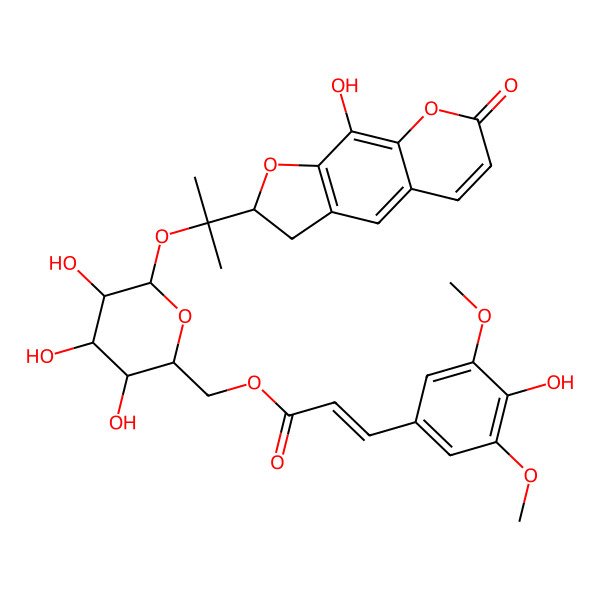 2D Structure of [(2R,3S,4S,5R,6S)-3,4,5-trihydroxy-6-[2-[(2S)-9-hydroxy-7-oxo-2,3-dihydrofuro[3,2-g]chromen-2-yl]propan-2-yloxy]oxan-2-yl]methyl (E)-3-(4-hydroxy-3,5-dimethoxyphenyl)prop-2-enoate