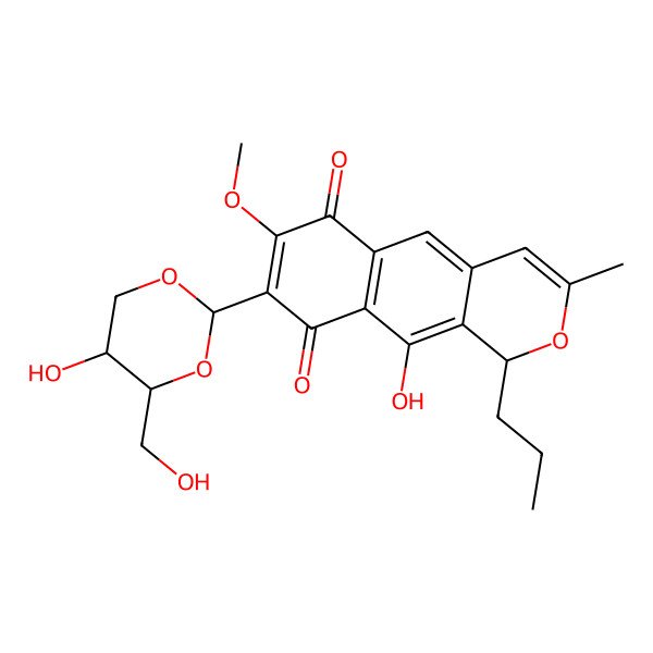 2D Structure of 10-hydroxy-8-[5-hydroxy-4-(hydroxymethyl)-1,3-dioxan-2-yl]-7-methoxy-3-methyl-1-propyl-1H-benzo[g]isochromene-6,9-dione