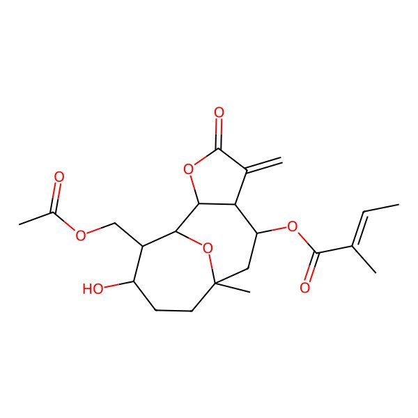 2D Structure of [13-(Acetyloxymethyl)-12-hydroxy-9-methyl-5-methylidene-4-oxo-3,14-dioxatricyclo[7.4.1.02,6]tetradecan-7-yl] 2-methylbut-2-enoate
