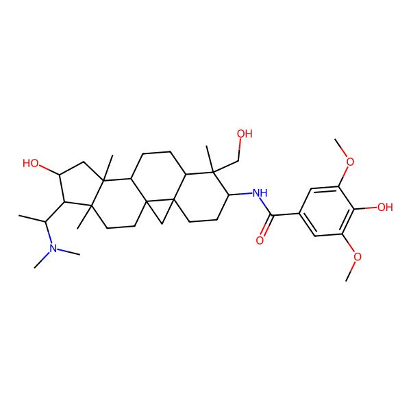 2D Structure of N-[(1S,3R,6S,7S,8R,11S,12S,14R,15S,16R)-15-[(1S)-1-(dimethylamino)ethyl]-14-hydroxy-7-(hydroxymethyl)-7,12,16-trimethyl-6-pentacyclo[9.7.0.01,3.03,8.012,16]octadecanyl]-4-hydroxy-3,5-dimethoxybenzamide