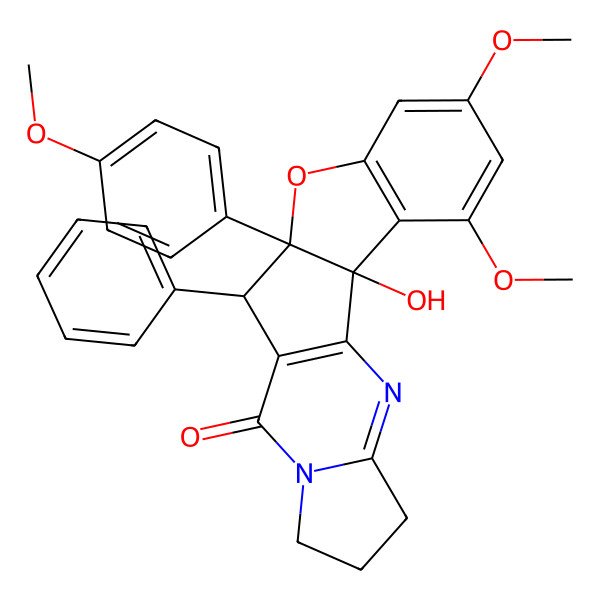 2D Structure of 2-Hydroxy-4,6-dimethoxy-10-(4-methoxyphenyl)-11-phenyl-9-oxa-14,19-diazapentacyclo[10.7.0.02,10.03,8.014,18]nonadeca-1(12),3(8),4,6,18-pentaen-13-one