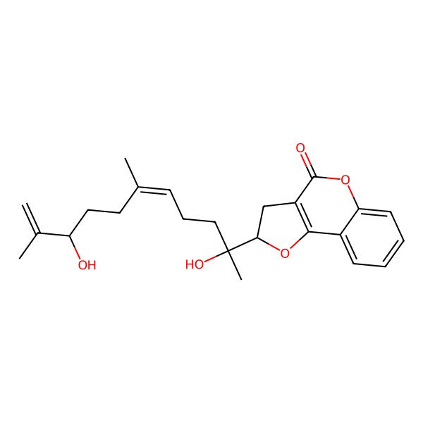 2D Structure of (2R)-2-[(2S,5E,9R)-2,9-dihydroxy-6,10-dimethylundeca-5,10-dien-2-yl]-2,3-dihydrofuro[3,2-c]chromen-4-one