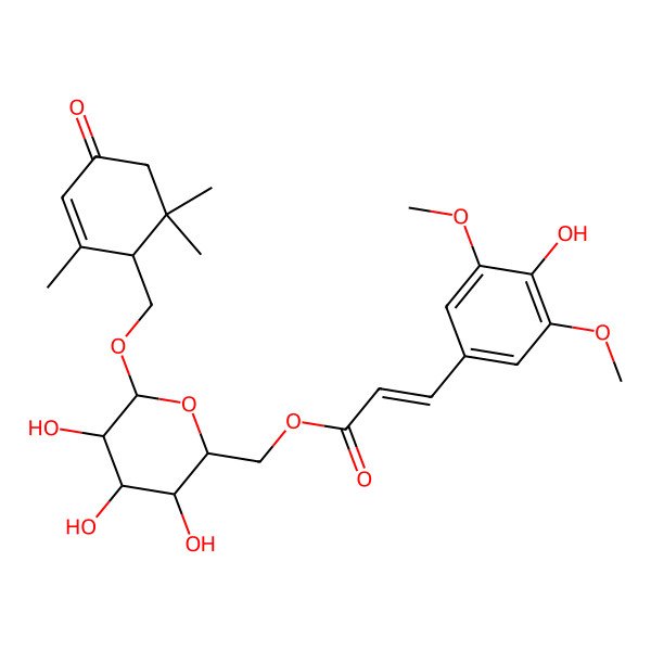 2D Structure of [(2R,3S,4S,5R,6R)-3,4,5-trihydroxy-6-[[(1R)-2,6,6-trimethyl-4-oxocyclohex-2-en-1-yl]methoxy]oxan-2-yl]methyl (E)-3-(4-hydroxy-3,5-dimethoxyphenyl)prop-2-enoate