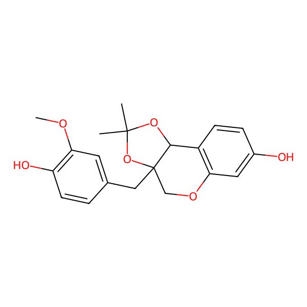 2D Structure of 3a-[(4-Hydroxy-3-methoxyphenyl)methyl]-2,2-dimethyl-4,9b-dihydro-[1,3]dioxolo[4,5-c]chromen-7-ol