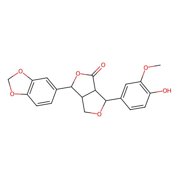 2D Structure of 6-(1,3-benzodioxol-5-yl)-3-(4-hydroxy-3-methoxyphenyl)-3,3a,6,6a-tetrahydro-1H-furo[3,4-c]furan-4-one