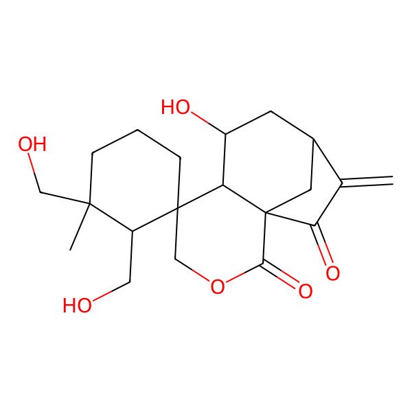 2D Structure of 7-Hydroxy-2',3'-bis(hydroxymethyl)-3'-methyl-10-methylidenespiro[3-oxatricyclo[7.2.1.01,6]dodecane-5,1'-cyclohexane]-2,11-dione