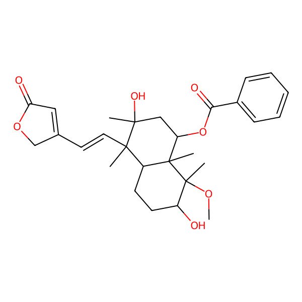 2D Structure of [3,7-dihydroxy-8-methoxy-3,4,8,8a-tetramethyl-4-[2-(5-oxo-2H-furan-3-yl)ethenyl]-1,2,4a,5,6,7-hexahydronaphthalen-1-yl] benzoate