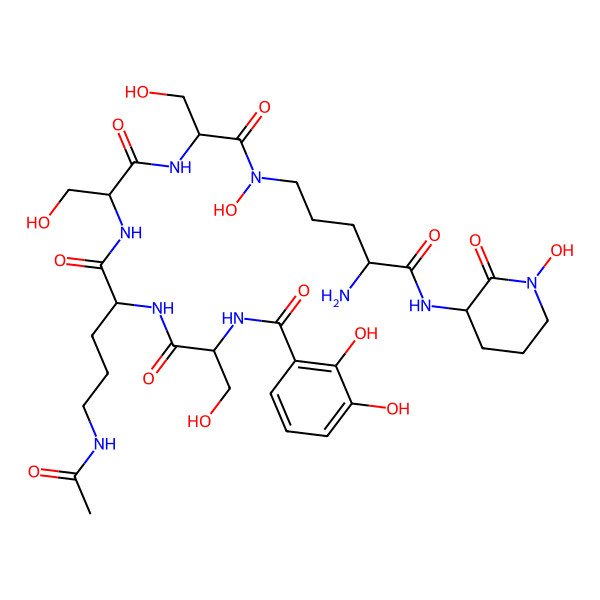2D Structure of N-[(2R)-1-[[(2S)-5-acetamido-1-[[(2R)-1-[[(2S)-1-[[(4S)-4-amino-5-[[(3S)-1-hydroxy-2-oxopiperidin-3-yl]amino]-5-oxopentyl]-hydroxyamino]-3-hydroxy-1-oxopropan-2-yl]amino]-3-hydroxy-1-oxopropan-2-yl]amino]-1-oxopentan-2-yl]amino]-3-hydroxy-1-oxopropan-2-yl]-2,3-dihydroxybenzamide