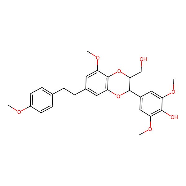 2D Structure of 4-[(2R,3R)-3-(hydroxymethyl)-5-methoxy-7-[2-(4-methoxyphenyl)ethyl]-2,3-dihydro-1,4-benzodioxin-2-yl]-2,6-dimethoxyphenol