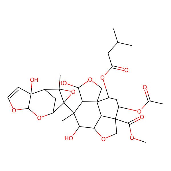 2D Structure of methyl (4S,5R,6S,7S,8R,11S,12R,14R,15S)-12-acetyloxy-4,7-dihydroxy-6-[(1S,2R,6S,8S,9R,11S)-2-hydroxy-11-methyl-5,7,10-trioxatetracyclo[6.3.1.02,6.09,11]dodec-3-en-9-yl]-6-methyl-14-(3-methylbutanoyloxy)-3,9-dioxatetracyclo[6.6.1.01,5.011,15]pentadecane-11-carboxylate
