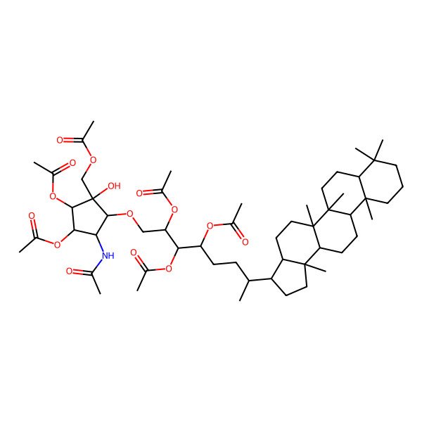2D Structure of [(1R,2R,3R,4R,5S)-2-[7-[(3R,3aS,5aR,5bR,7aS,11aS,11bR,13aR,13bS)-5a,5b,8,8,11a,13b-hexamethyl-1,2,3,3a,4,5,6,7,7a,9,10,11,11b,12,13,13a-hexadecahydrocyclopenta[a]chrysen-3-yl]-2,3,4-triacetyloxyoctoxy]-3-acetamido-4,5-diacetyloxy-1-hydroxycyclopentyl]methyl acetate