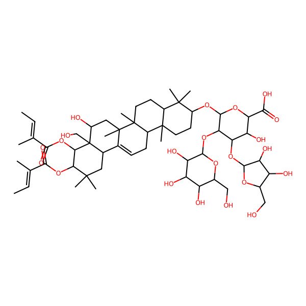 2D Structure of 4-[3,4-Dihydroxy-5-(hydroxymethyl)oxolan-2-yl]oxy-3-hydroxy-6-[[8-hydroxy-8a-(hydroxymethyl)-4,4,6a,6b,11,11,14b-heptamethyl-9,10-bis(2-methylbut-2-enoyloxy)-1,2,3,4a,5,6,7,8,9,10,12,12a,14,14a-tetradecahydropicen-3-yl]oxy]-5-[3,4,5-trihydroxy-6-(hydroxymethyl)oxan-2-yl]oxyoxane-2-carboxylic acid
