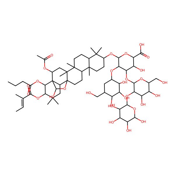 2D Structure of (2S,3S,4S,5R,6R)-6-[[(1R,2R,4S,5R,8R,10S,13R,14R,17S,18R,21R,22R,23S)-2-acetyloxy-22-butanoyloxy-23-hydroxy-4,5,9,9,13,20,20-heptamethyl-21-[(Z)-2-methylbut-2-enoyl]oxy-24-oxahexacyclo[15.5.2.01,18.04,17.05,14.08,13]tetracosan-10-yl]oxy]-4-[(2S,3R,4S,5R,6R)-4,5-dihydroxy-6-(hydroxymethyl)-3-[(2R,3R,4R,5R,6R)-3,4,5,6-tetrahydroxyoxan-2-yl]oxyoxan-2-yl]oxy-3-hydroxy-5-[(1R,2R,3S,4S,5R)-2,3,4-trihydroxy-5-(hydroxymethyl)cyclohexyl]oxyoxane-2-carboxylic acid