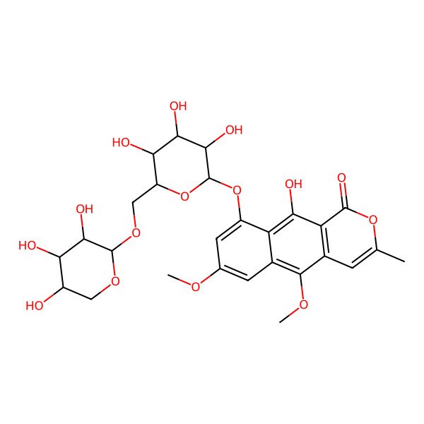 2D Structure of 10-Hydroxy-5,7-dimethoxy-3-methyl-9-[3,4,5-trihydroxy-6-[(3,4,5-trihydroxyoxan-2-yl)oxymethyl]oxan-2-yl]oxybenzo[g]isochromen-1-one