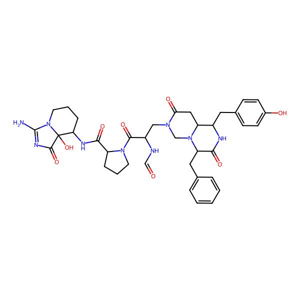 2D Structure of (2S)-N-[(8S,8aR)-3-amino-8a-hydroxy-1-oxo-5,6,7,8-tetrahydroimidazo[1,5-a]pyridin-8-yl]-1-[(2S)-3-[(1S,4R,9aR)-4-benzyl-1-[(4-hydroxyphenyl)methyl]-3,8-dioxo-1,2,4,6,9,9a-hexahydropyrazino[1,2-c]pyrimidin-7-yl]-2-formamidopropanoyl]pyrrolidine-2-carboxamide