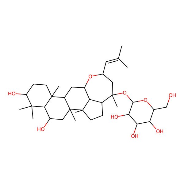 2D Structure of (2S,3R,4S,5S,6R)-2-[[(1R,2R,4S,5R,7S,10R,11R,13R,15R,17S,18S,21R)-4,7-dihydroxy-1,2,6,6,10,17-hexamethyl-15-(2-methylprop-1-enyl)-14-oxapentacyclo[11.7.1.02,11.05,10.018,21]henicosan-17-yl]oxy]-6-(hydroxymethyl)oxane-3,4,5-triol