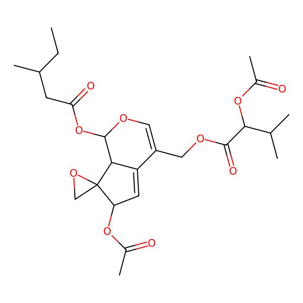 2D Structure of [(1S,6S,7R,7aS)-6-acetyloxy-4-[[(2R)-2-acetyloxy-3-methylbutanoyl]oxymethyl]spiro[6,7a-dihydro-1H-cyclopenta[c]pyran-7,2'-oxirane]-1-yl] (3S)-3-methylpentanoate