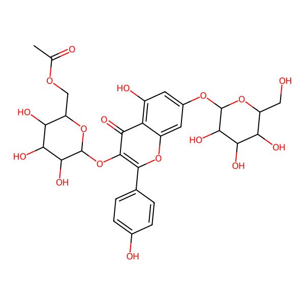 2D Structure of (3,4,5-trihydroxy-6-{[5-hydroxy-2-(4-hydroxyphenyl)-4-oxo-7-{[3,4,5-trihydroxy-6-(hydroxymethyl)oxan-2-yl]oxy}-4H-chromen-3-yl]oxy}oxan-2-yl)methyl acetate