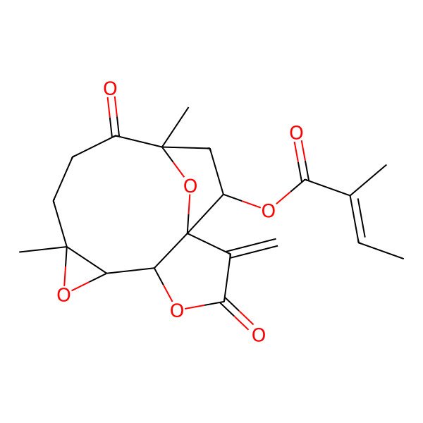 2D Structure of (8,12-Dimethyl-2-methylidene-3,11-dioxo-4,7,15-trioxatetracyclo[10.2.1.01,5.06,8]pentadecan-14-yl) 2-methylbut-2-enoate