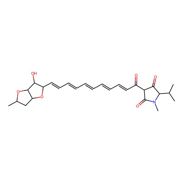 2D Structure of (3R,5S)-3-[(2E,4E,6E,8E,10E)-11-[(2S,3aS,5R,6R,6aS)-6-hydroxy-2-methyl-2,3,3a,5,6,6a-hexahydrofuro[3,2-b]furan-5-yl]undeca-2,4,6,8,10-pentaenoyl]-1-methyl-5-propan-2-ylpyrrolidine-2,4-dione