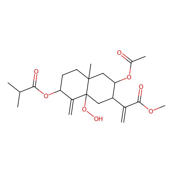 2D Structure of [(2S,4aR,6R,7R,8aS)-6-acetyloxy-8a-hydroperoxy-7-(3-methoxy-3-oxoprop-1-en-2-yl)-4a-methyl-1-methylidene-3,4,5,6,7,8-hexahydro-2H-naphthalen-2-yl] 2-methylpropanoate