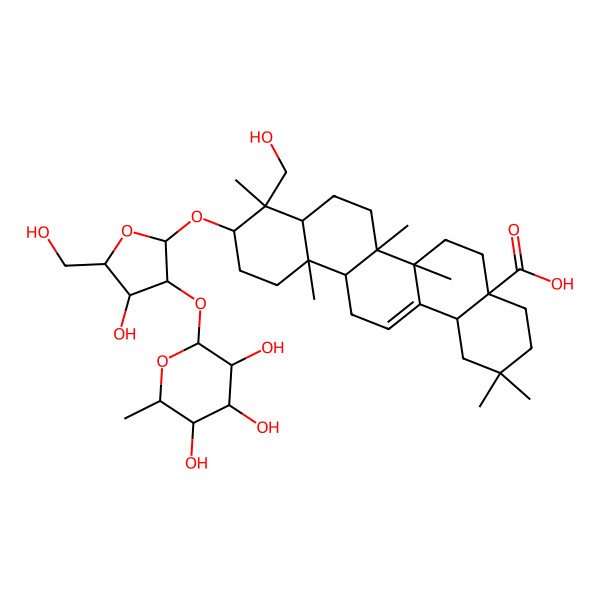 2D Structure of 10-[4-Hydroxy-5-(hydroxymethyl)-3-(3,4,5-trihydroxy-6-methyloxan-2-yl)oxyoxolan-2-yl]oxy-9-(hydroxymethyl)-2,2,6a,6b,9,12a-hexamethyl-1,3,4,5,6,6a,7,8,8a,10,11,12,13,14b-tetradecahydropicene-4a-carboxylic acid