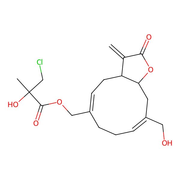 2D Structure of [(3aR,5Z,9Z,11aS)-10-(hydroxymethyl)-3-methylidene-2-oxo-3a,4,7,8,11,11a-hexahydrocyclodeca[b]furan-6-yl]methyl (2R)-3-chloro-2-hydroxy-2-methylpropanoate