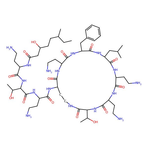 2D Structure of N-[4-amino-1-[[1-[[4-amino-1-oxo-1-[[6,9,18-tris(2-aminoethyl)-15-benzyl-3-(1-hydroxyethyl)-12-(2-methylpropyl)-2,5,8,11,14,17,20-heptaoxo-1,4,7,10,13,16,19-heptazacyclotricos-21-yl]amino]butan-2-yl]amino]-3-hydroxy-1-oxobutan-2-yl]amino]-1-oxobutan-2-yl]-3-hydroxy-6-methyloctanamide