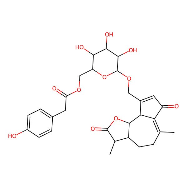2D Structure of [(2R,3S,4S,5R,6R)-6-[[(3S,3aS,9aS,9bS)-3,6-dimethyl-2,7-dioxo-3,3a,4,5,9a,9b-hexahydroazuleno[8,7-b]furan-9-yl]methoxy]-3,4,5-trihydroxyoxan-2-yl]methyl 2-(4-hydroxyphenyl)acetate