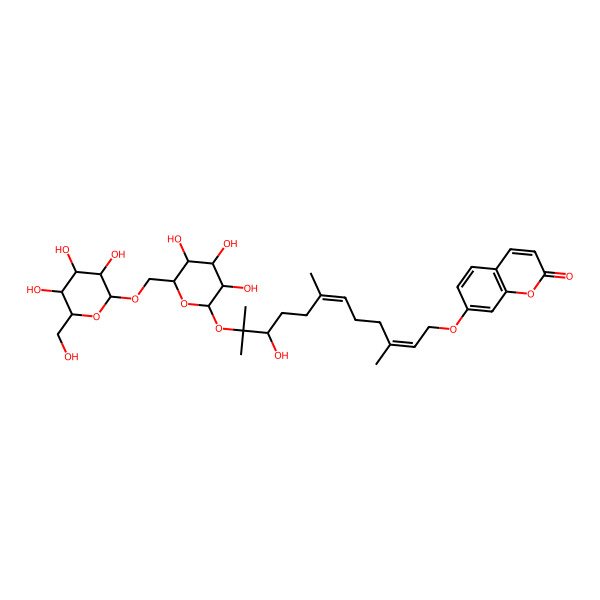 2D Structure of 7-[10-Hydroxy-3,7,11-trimethyl-11-[3,4,5-trihydroxy-6-[[3,4,5-trihydroxy-6-(hydroxymethyl)oxan-2-yl]oxymethyl]oxan-2-yl]oxydodeca-2,6-dienoxy]chromen-2-one