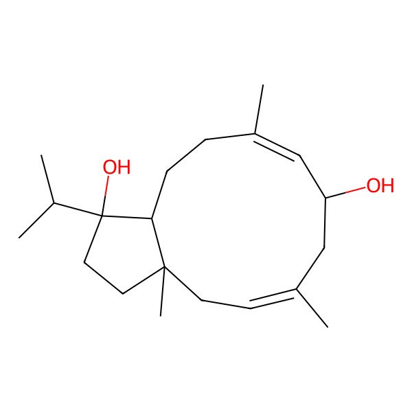 2D Structure of 3a,6,10-Trimethyl-1-propan-2-yl-2,3,4,7,8,11,12,12a-octahydrocyclopenta[11]annulene-1,8-diol