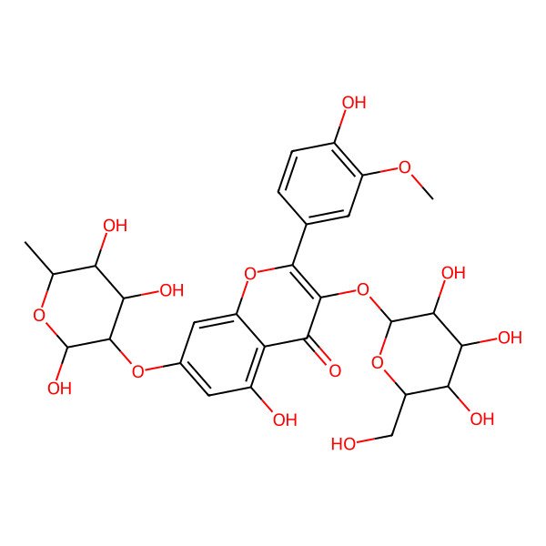 2D Structure of 5-hydroxy-2-(4-hydroxy-3-methoxyphenyl)-3-[(2R,3S,4R,5R,6S)-3,4,5-trihydroxy-6-(hydroxymethyl)oxan-2-yl]oxy-7-[(2R,3R,4S,5S,6R)-2,4,5-trihydroxy-6-methyloxan-3-yl]oxychromen-4-one